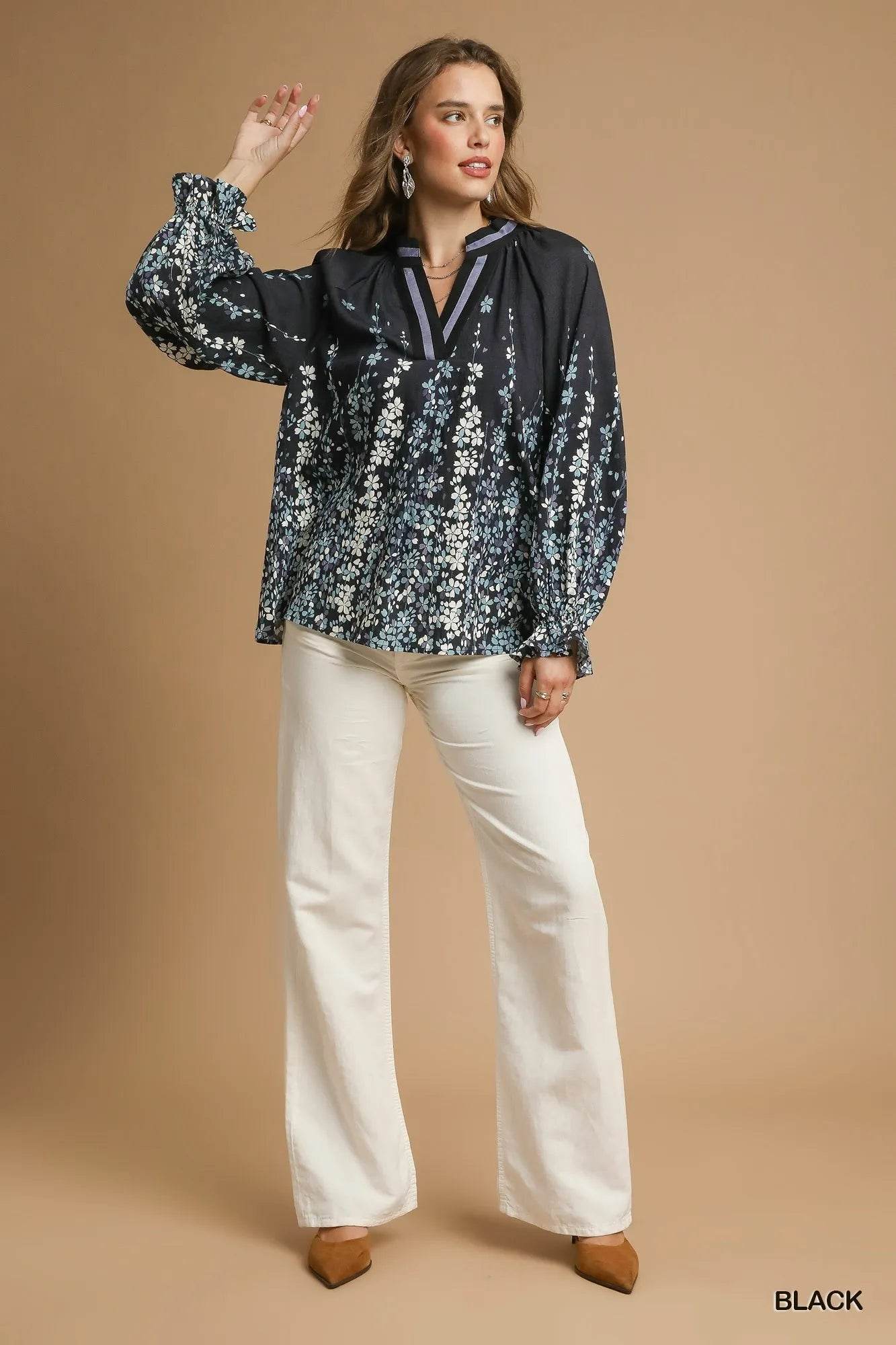 Umgee Full Size Floral Vine Print Blouse with Balloon Sleeves Plus Size - Tredona LLC