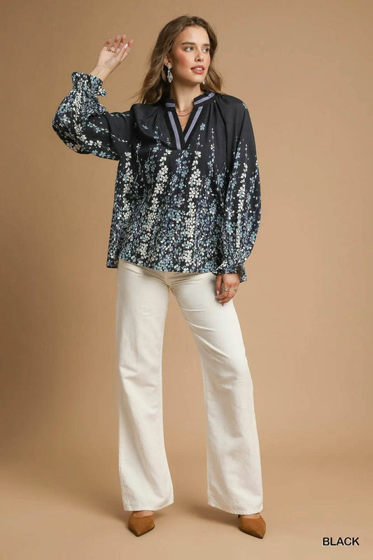 Umgee Full Size Floral Vine Print Blouse with Balloon Sleeves Plus Size - Tredona LLC
