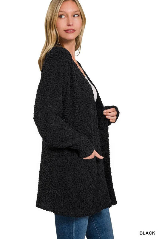 Zenana Long Sleeve Popcorn Sweater Cardigan with Pockets - Tredona LLC