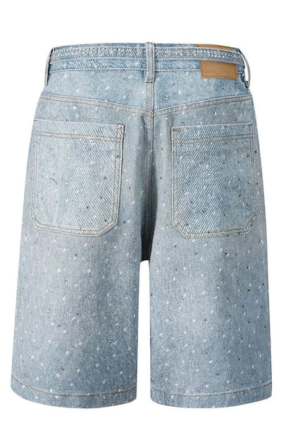 Men's Washed Rhinestone Denim Bermuda Shorts - Tredona LLC