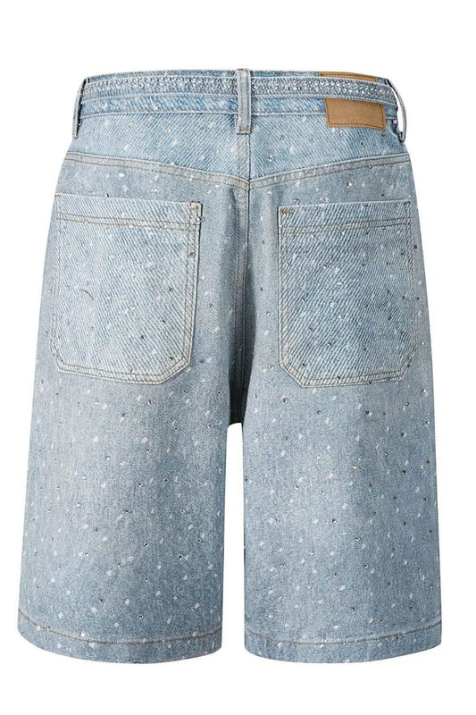 Men's Washed Rhinestone Denim Bermuda Shorts - Tredona LLC
