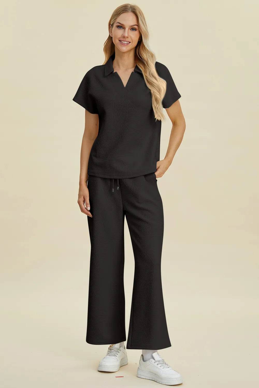Double Take Full Size Collared Neck Short Sleeve Top and Pants Set - Tredona LLC