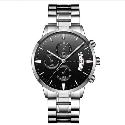 Men''s Stainless Steel Watches with Business Leisure Calendar Quartz Watches Waterproof Black Refined Steel Watches - Tredona LLC