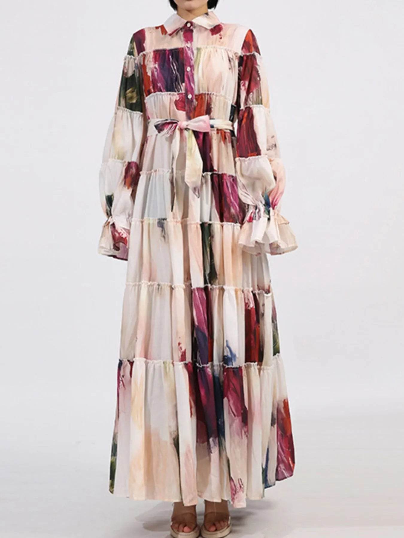 Tiered Tie Waist Maxi Dress - Tredona LLC