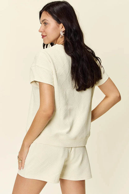 Double Take Full Size Texture Short Sleeve T-Shirt and Drawstring Shorts Set - Tredona LLC
