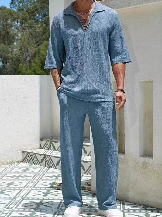 Men's Johnny Collar Half Sleeve Top and Pants Set - Tredona LLC