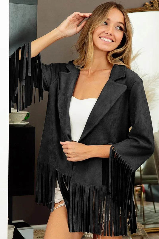BiBi Suede Single Blazer with Fringed Hem - Tredona LLC