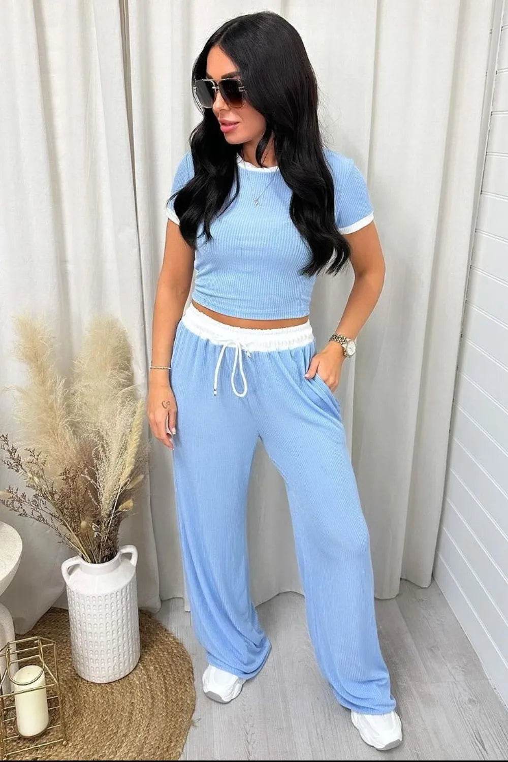 Contrast Trim Round Neck Top and Pants Set - Tredona LLC