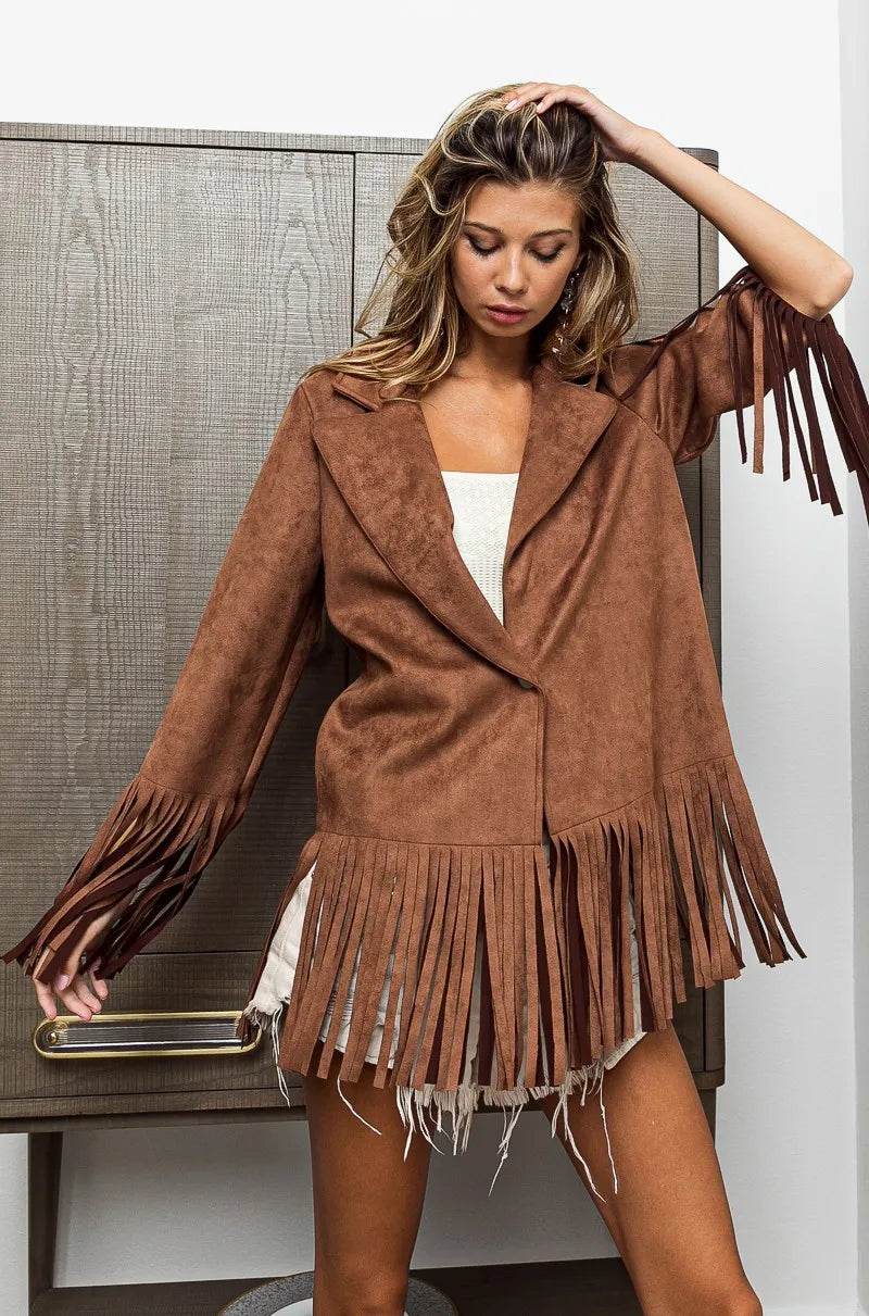BiBi Single Blazer with Fringed Hem - Tredona LLC