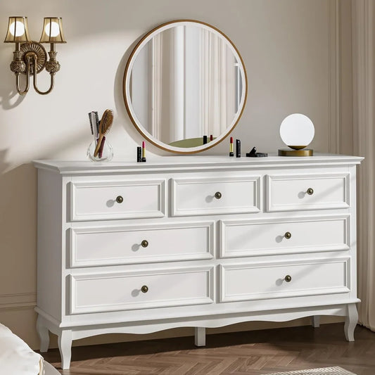 RoyalCraft White 7 Drawer Dresser for Bedroom, Modern Chest of Drawers with Solid Wood Legs and Painted Finish, Wooden Storage C
