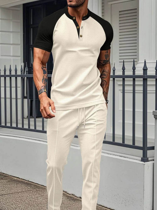 Men's Full Size Waffle-Knit Contrast Top and Drawstring Pants Set Plus Size - Tredona LLC