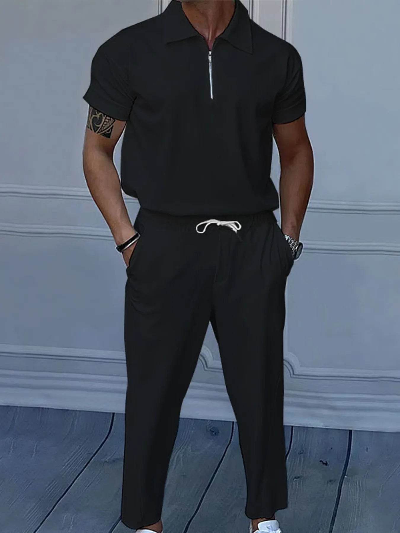 Men's Full Size Quarter Zip Short Sleeve Polo and Pants Set Plus Size - Tredona LLC