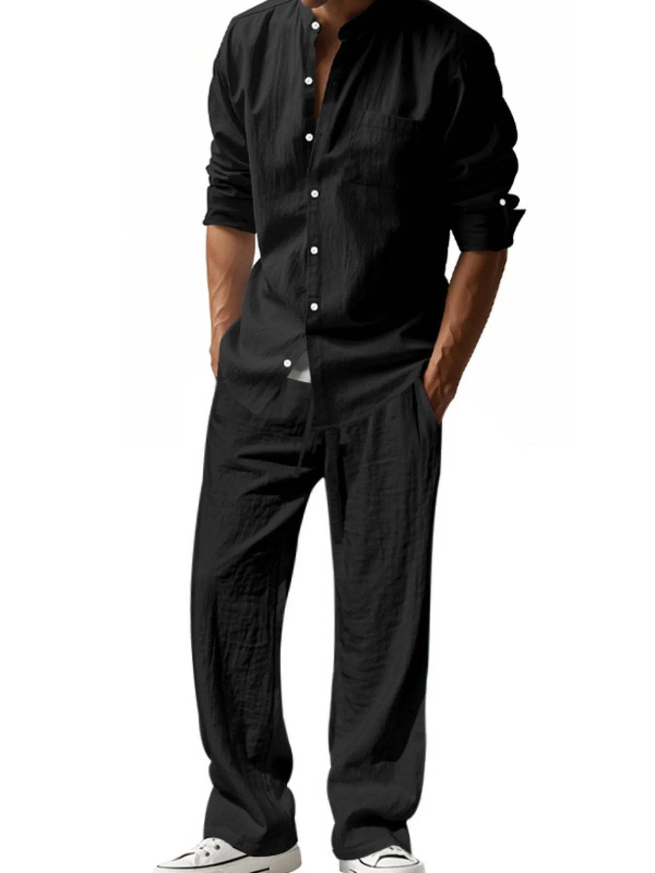 Men's Full Size Button Up Shirt and Pants Set Plus Size - Tredona LLC