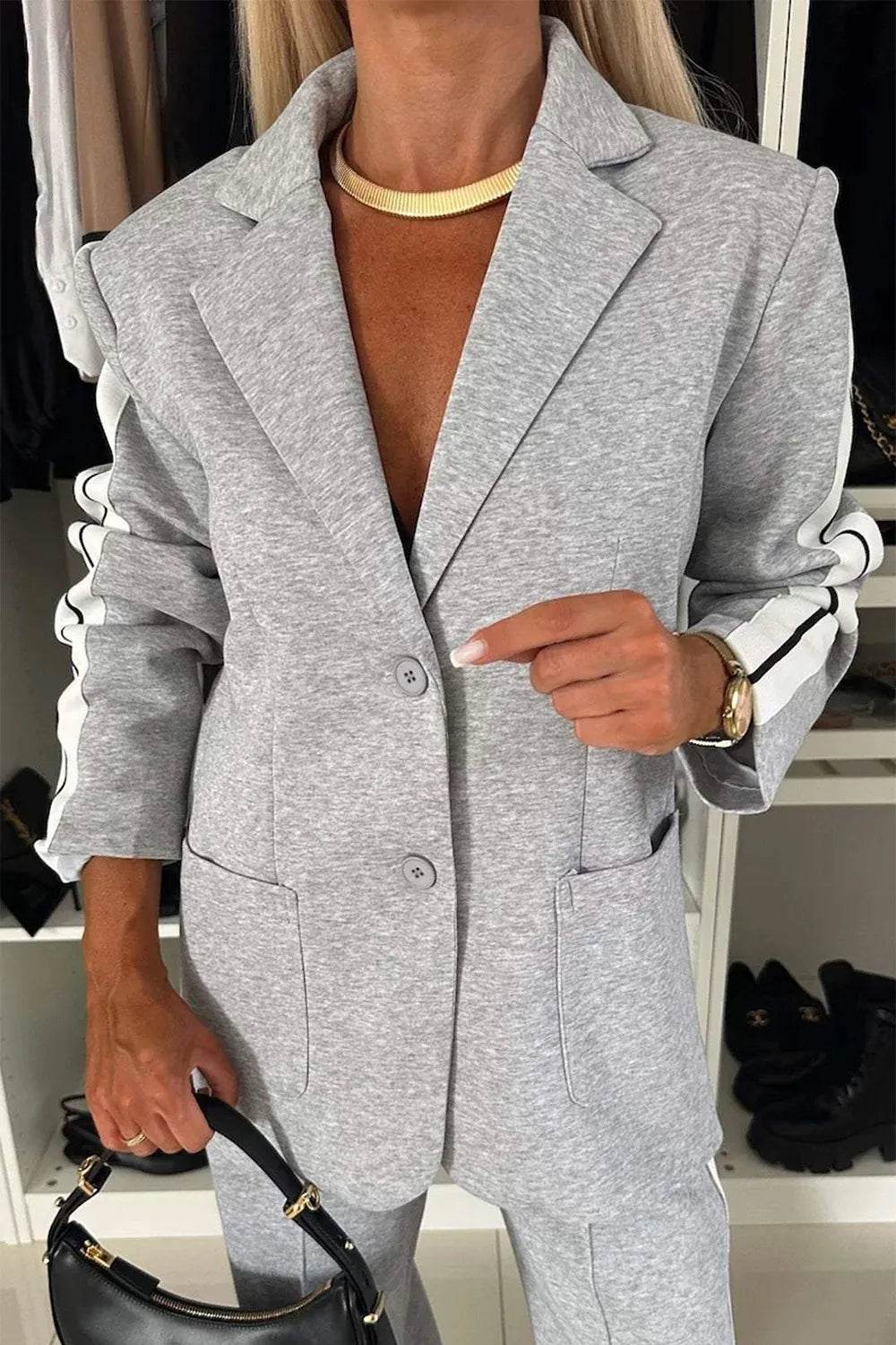 Full Size Contrast Lapel Collar Top and Pants Set - Tredona LLC