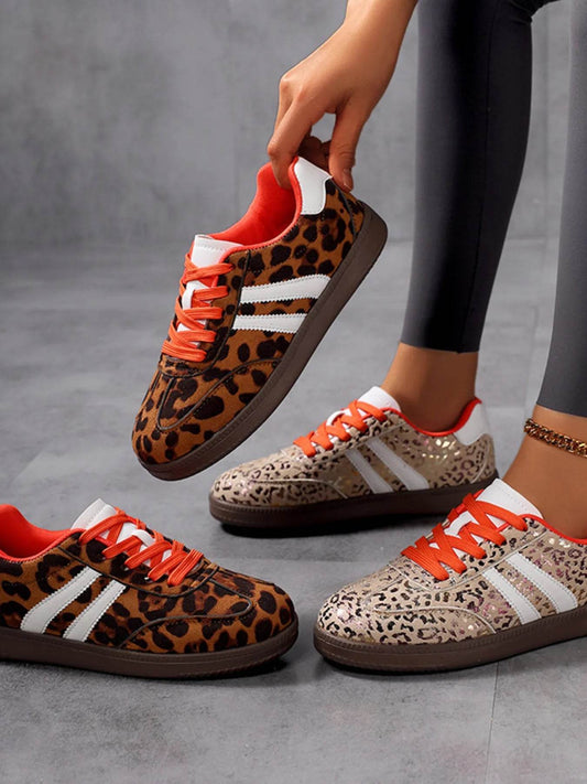 Leopard Print Stripe Detail Lace-up Sneakers - Tredona LLC