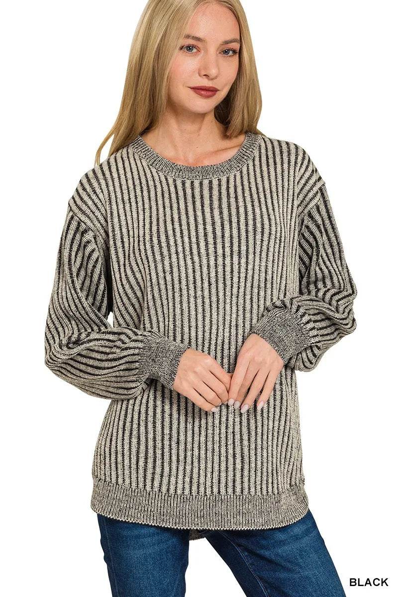 Zenana Curved Hem Two-Tone Ribbed Sweater - Tredona LLC