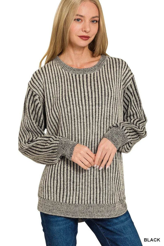Zenana Curved Hem Two-Tone Ribbed Sweater - Tredona LLC
