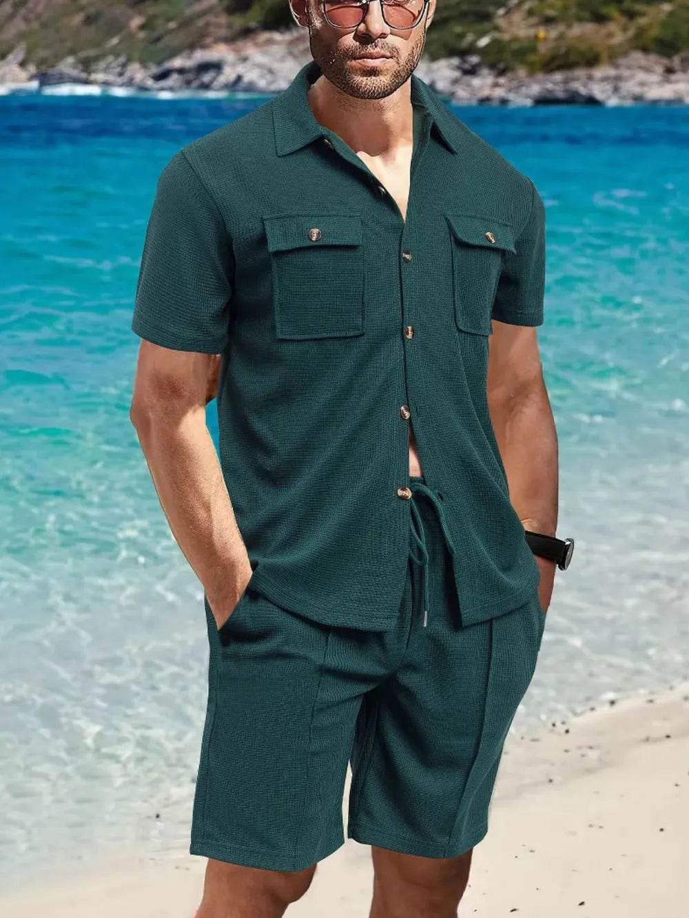 Men's Full Size Button Down Short Sleeve Top and Shorts Set Plus Size - Tredona LLC