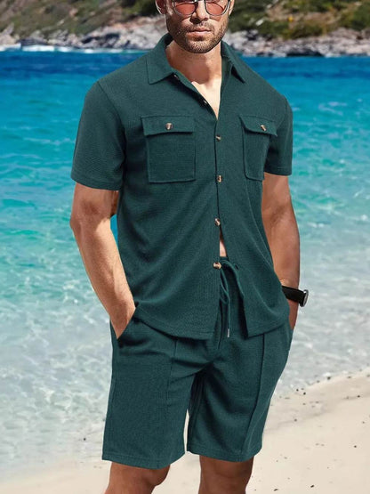 Men's Full Size Button Down Short Sleeve Top and Shorts Set Plus Size - Tredona LLC