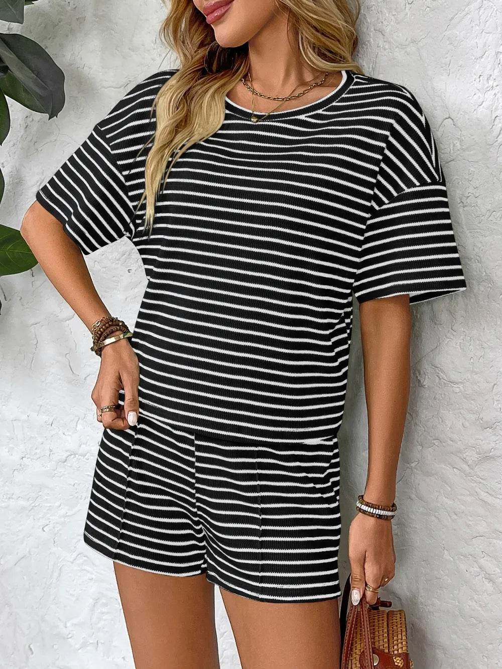 Striped Round Neck Short Sleeve Top and Shorts Set - Tredona LLC