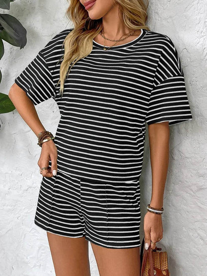 Striped Round Neck Short Sleeve Top and Shorts Set - Tredona LLC