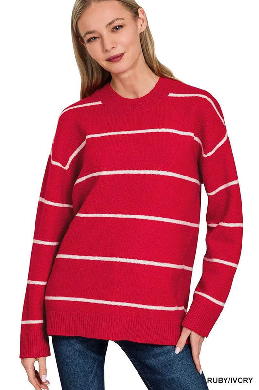 Zenana Round Neck Stripe Sweater - Tredona LLC