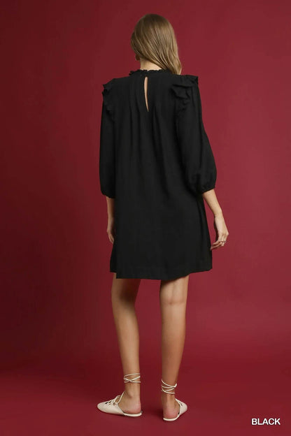 Umgee Linen Ruffle Shoulder Pleated Babydoll Dress - Tredona LLC