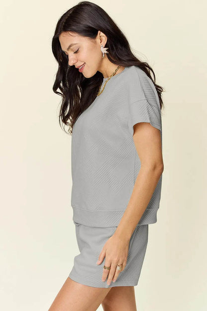 Double Take Full Size Texture Short Sleeve T-Shirt and Drawstring Shorts Set - Tredona LLC