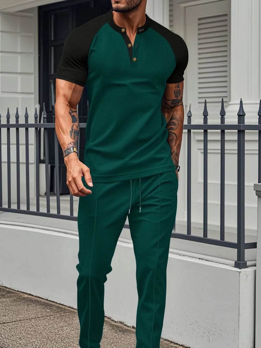 Men's Full Size Waffle-Knit Contrast Top and Drawstring Pants Set Plus Size - Tredona LLC