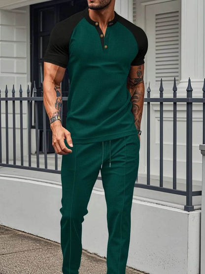 Men's Full Size Waffle-Knit Contrast Top and Drawstring Pants Set Plus Size - Tredona LLC