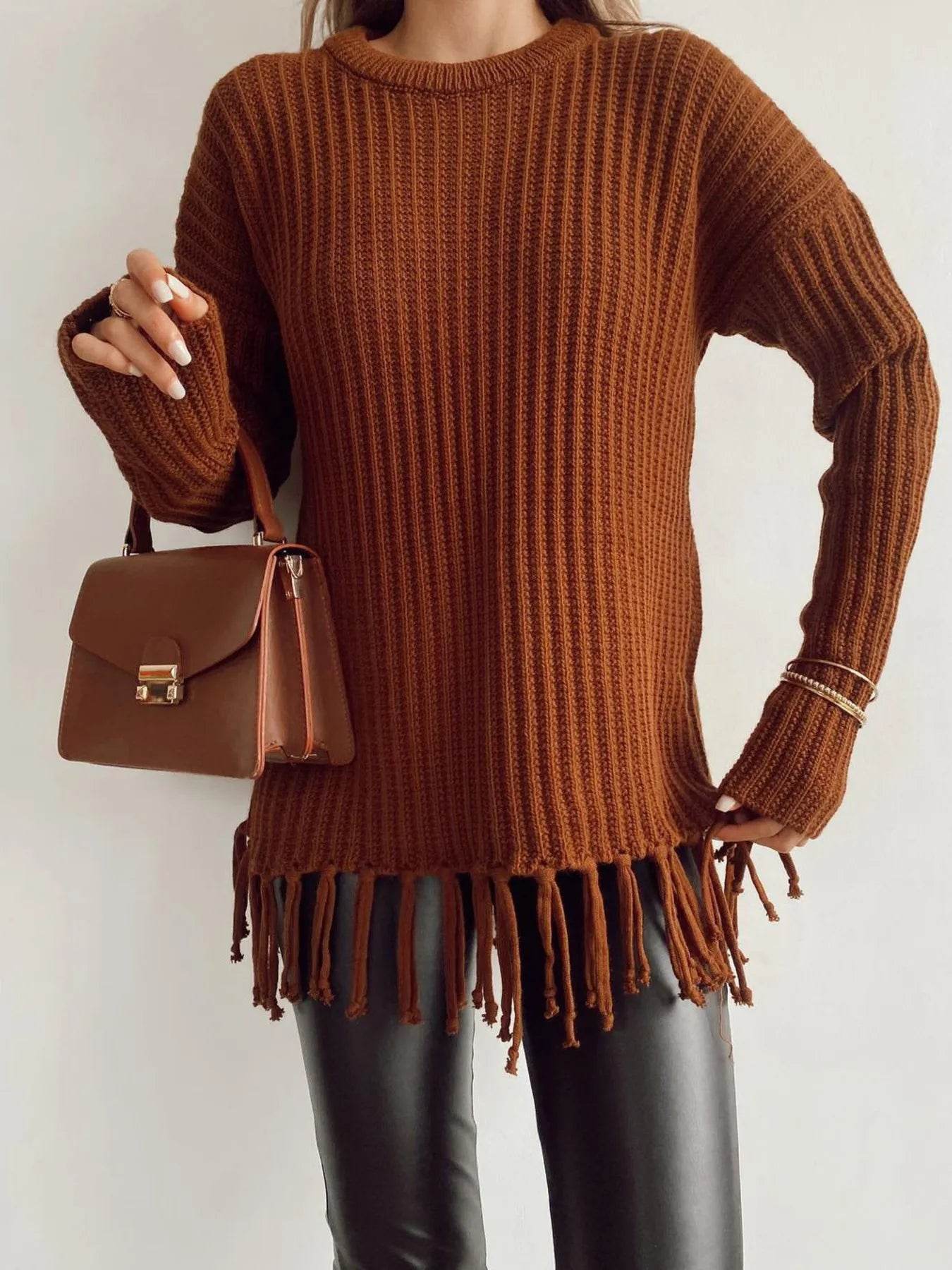 Fringe Round Neck Long Sleeve Sweater - Tredona LLC