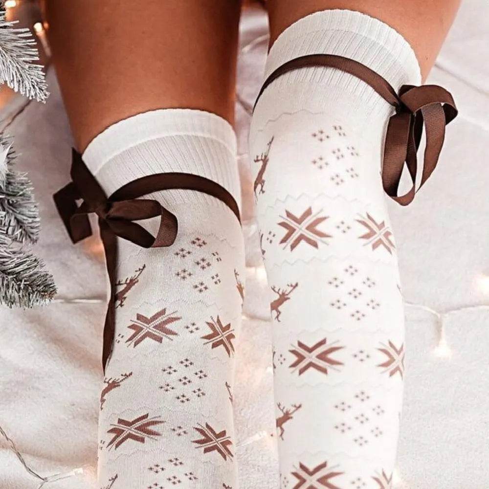 Christmas Element Bowknot Ribbed Trim Over Knee Stockings - Tredona LLC