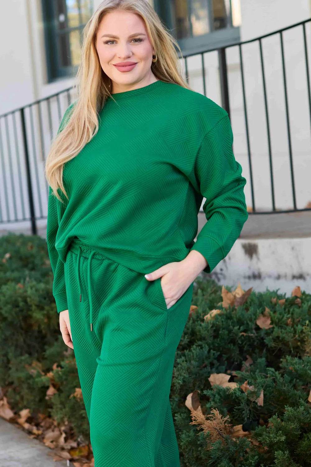 Double Take Full Size Textured Long Sleeve Top and Drawstring Pants Set - Tredona LLC
