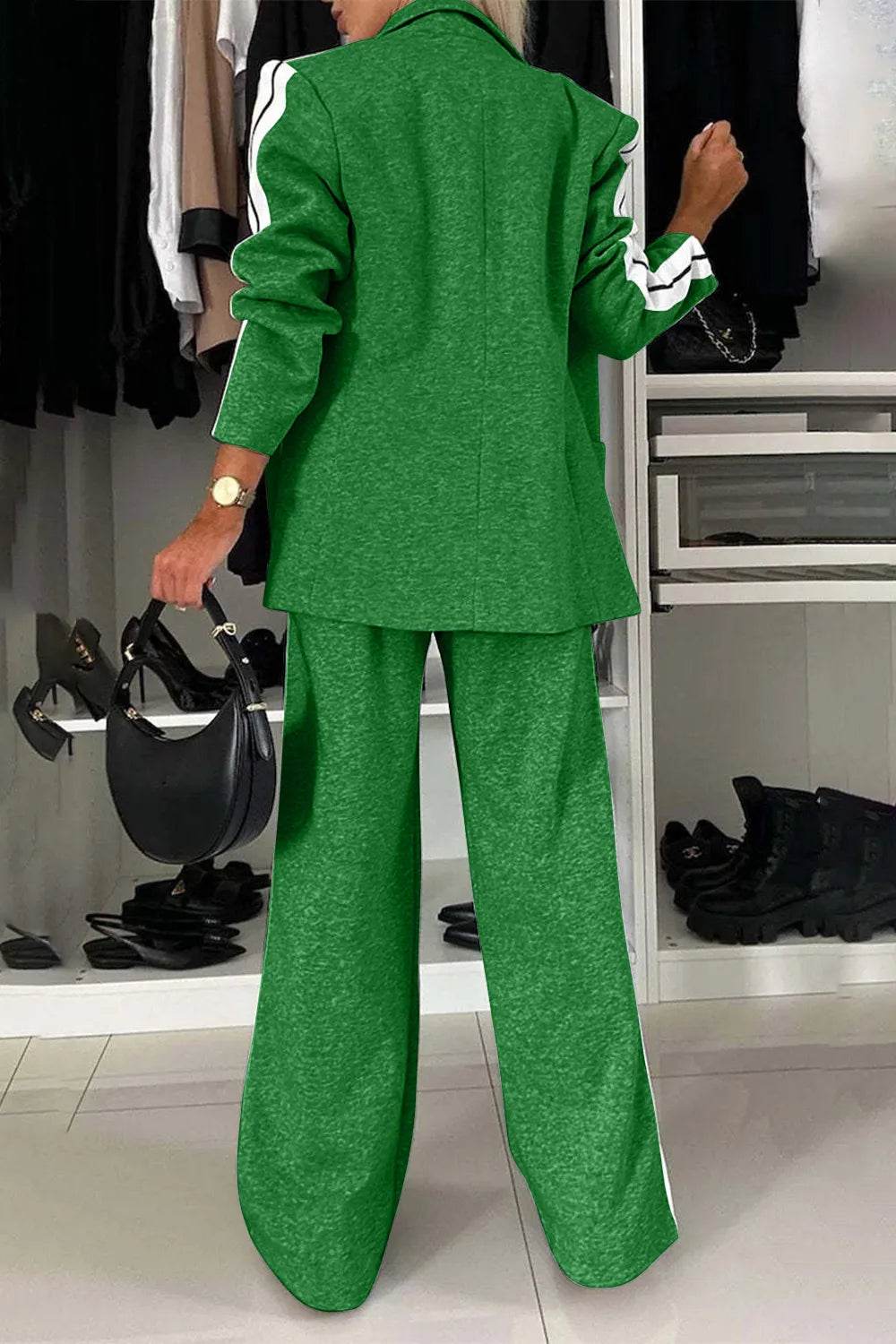 Full Size Contrast Lapel Collar Top and Pants Set - Tredona LLC