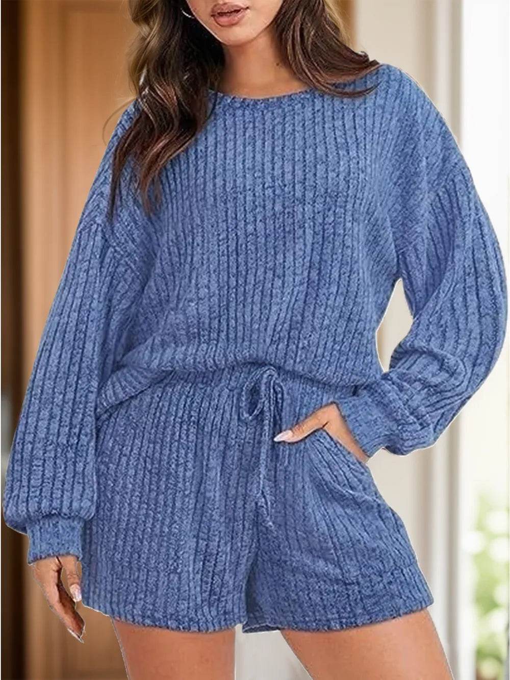Round Neck Dropped Shoulder Top and Shorts Set - Tredona LLC