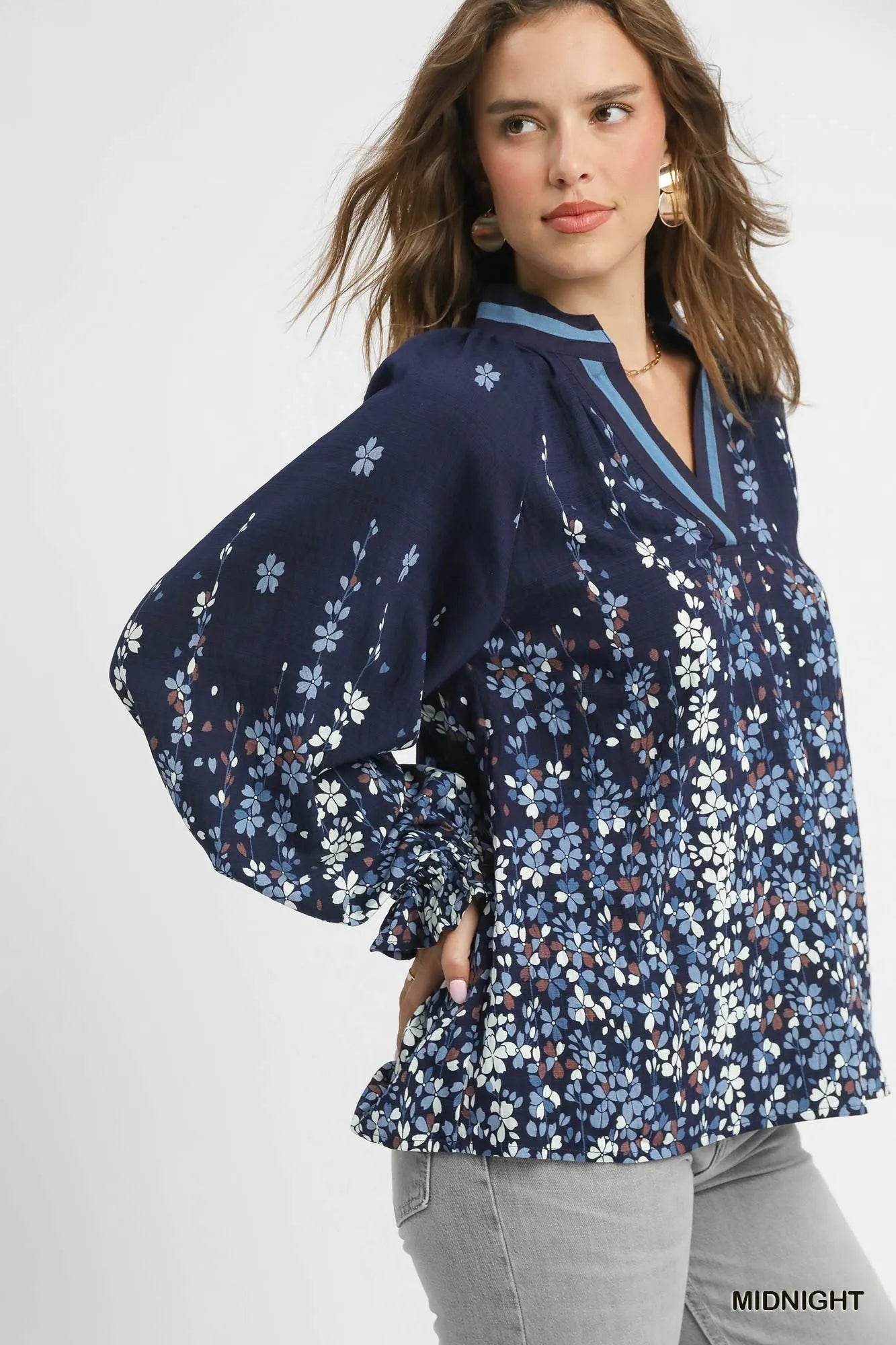 Umgee Full Size Floral Vine Print Blouse with Balloon Sleeves Plus Size - Tredona LLC
