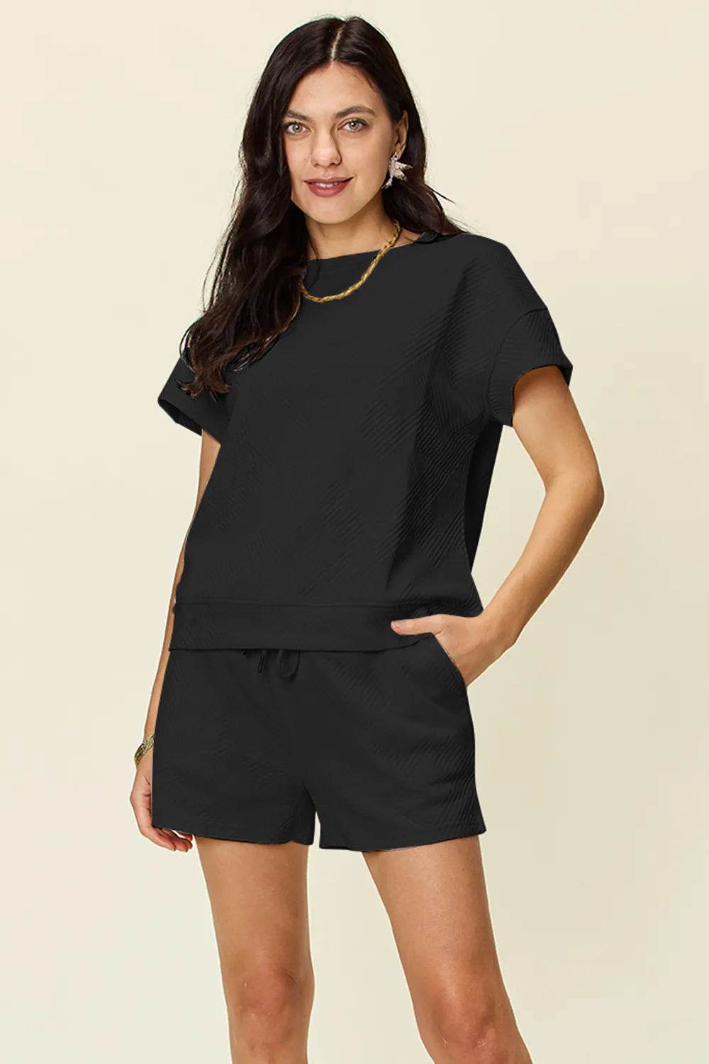 Double Take Full Size Texture Short Sleeve T-Shirt and Drawstring Shorts Set - Tredona LLC