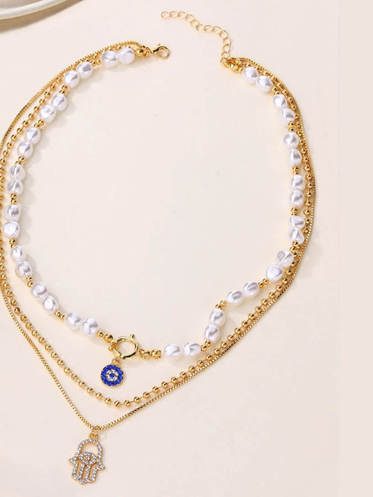 Layered Pearl Chain Evil Eye Hamsa Pendant Necklace - Tredona LLC