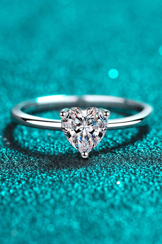 925 Sterling Silver Heart-Shaped Moissanite Solitaire Ring - Tredona LLC