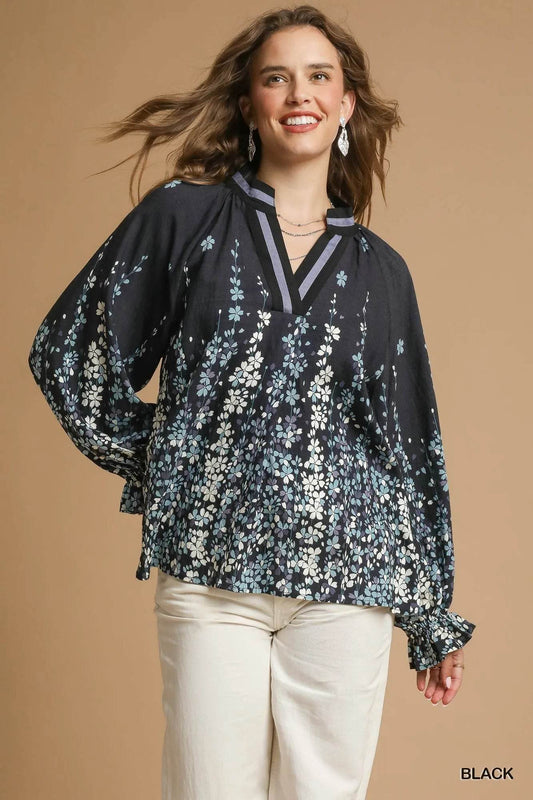 Umgee Full Size Floral Vine Print Blouse with Balloon Sleeves Plus Size - Tredona LLC