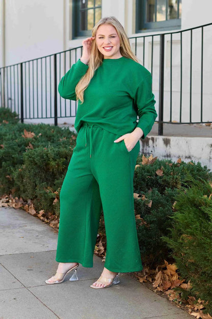 Double Take Full Size Textured Long Sleeve Top and Drawstring Pants Set - Tredona LLC