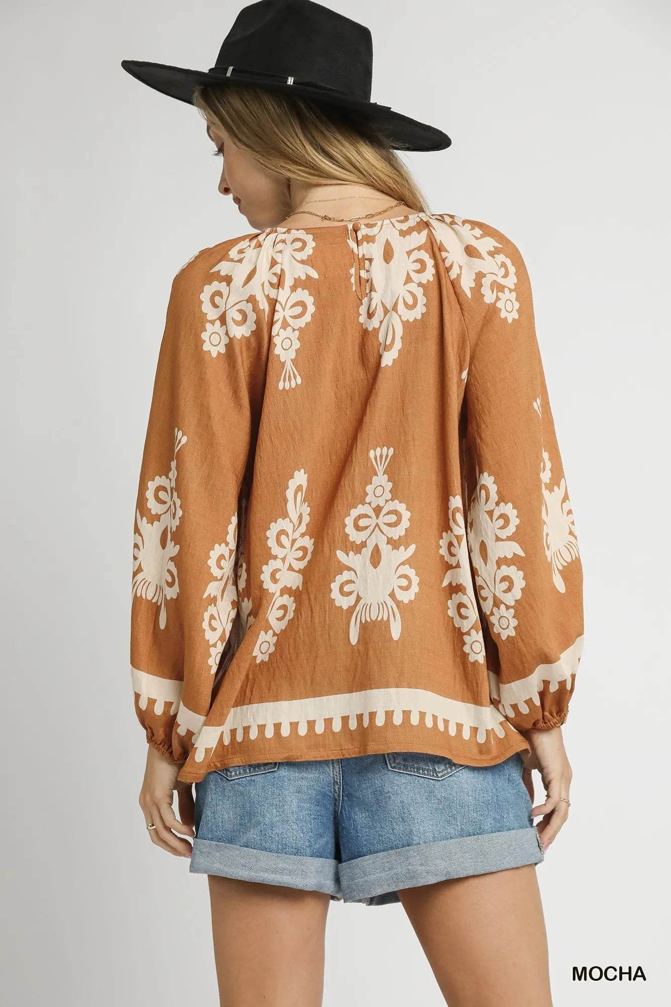 Umgee Full Size Two Tone Border Print Top with Balloon Sleeves Plus Size - Tredona LLC