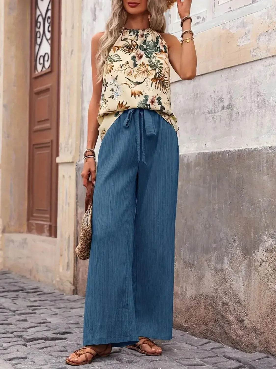 Printed Tank Top and Wide Leg Pants Set - Tredona LLC