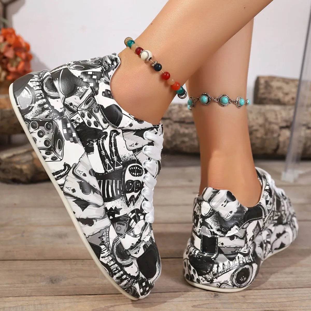 Abstract Print Lace Up Sneakers - Tredona LLC