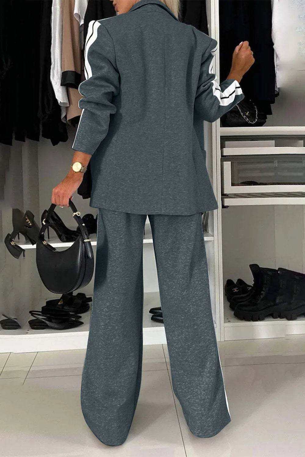 Full Size Contrast Lapel Collar Top and Pants Set - Tredona LLC