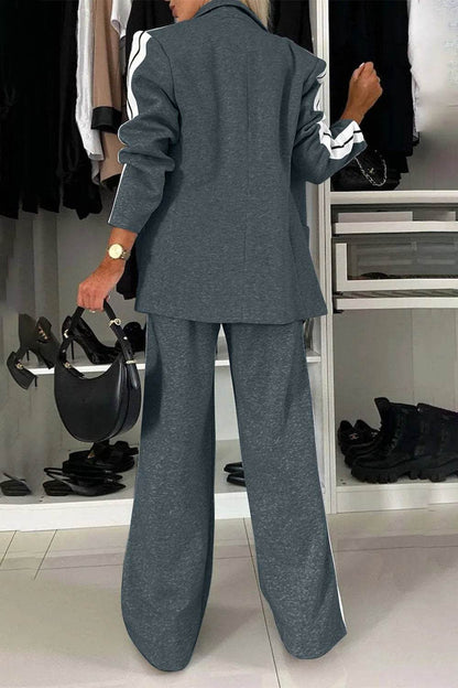 Full Size Contrast Lapel Collar Top and Pants Set - Tredona LLC