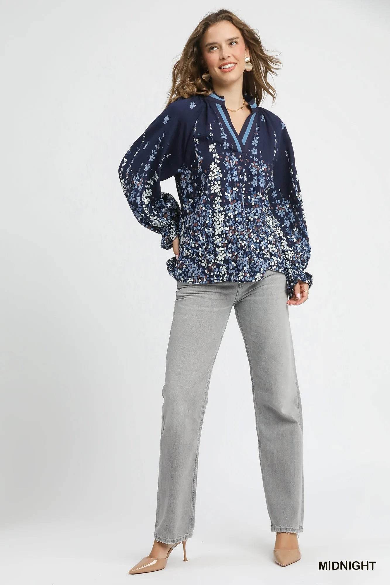Umgee Full Size Floral Vine Print Blouse with Balloon Sleeves Plus Size - Tredona LLC