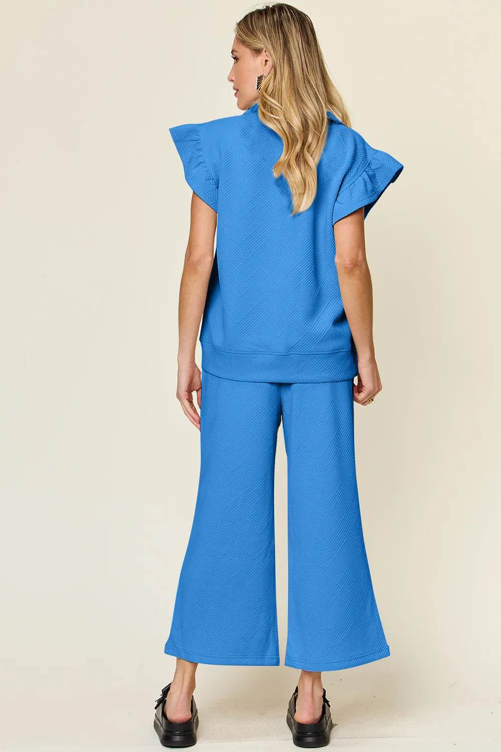 Double Take Texture Ruffle Short Sleeve Top and Drawstring Wide Leg Pants Set - Tredona LLC