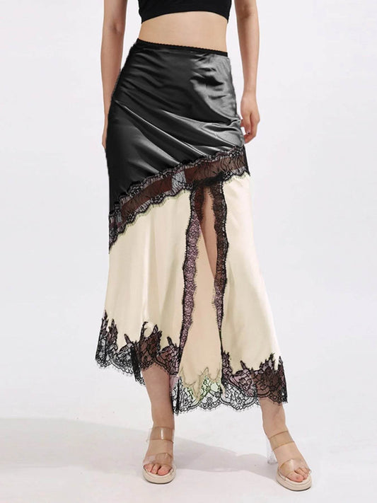Lace Trim Asymmetrical Midi Skirt - Tredona LLC