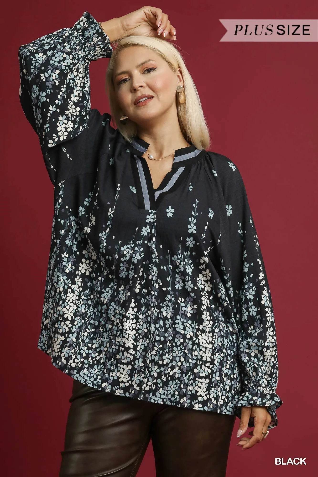 Umgee Full Size Floral Vine Print Blouse with Balloon Sleeves Plus Size - Tredona LLC